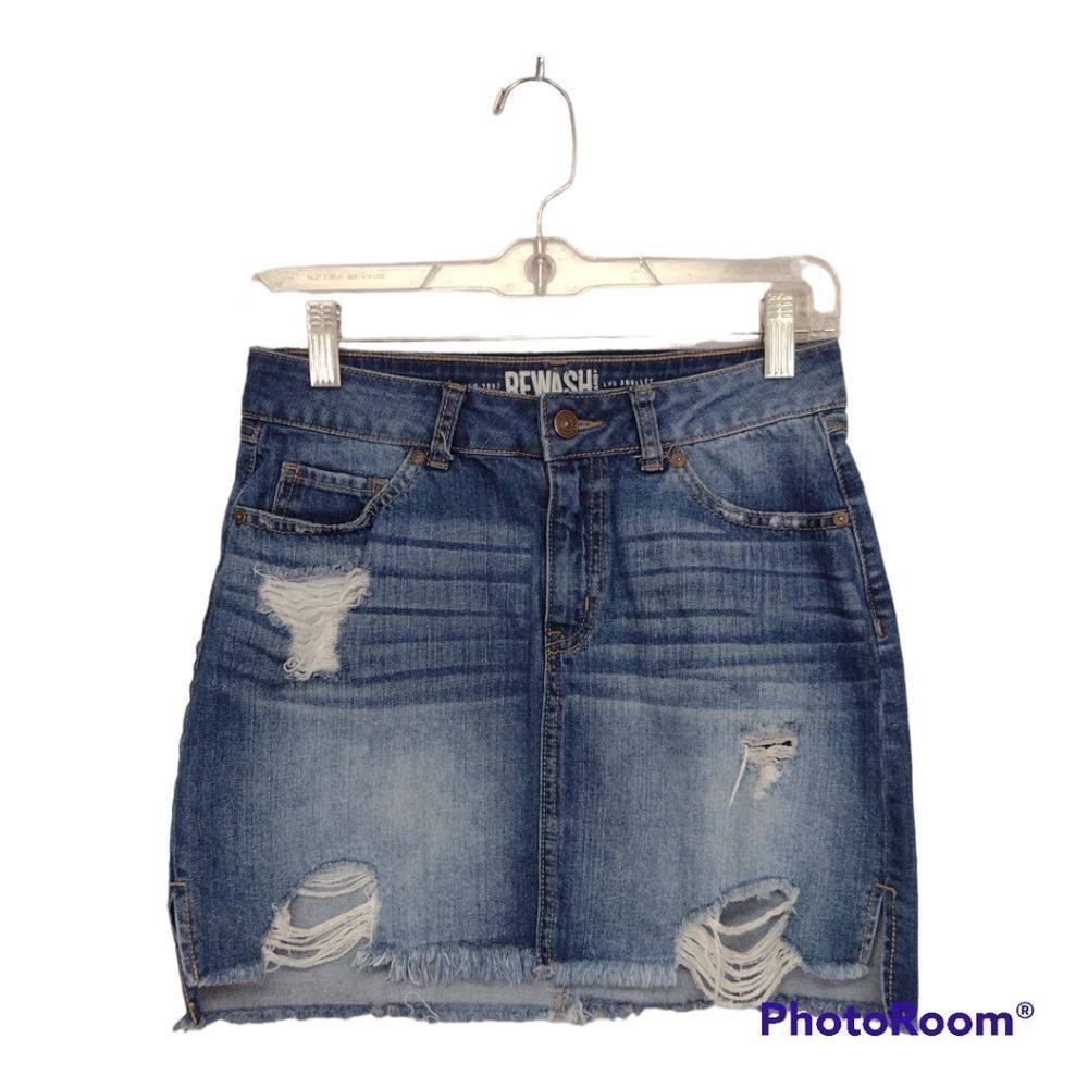 Rewash New York Skirt Mini Denim Jr Sz 5/27 80s Distressed Hippie